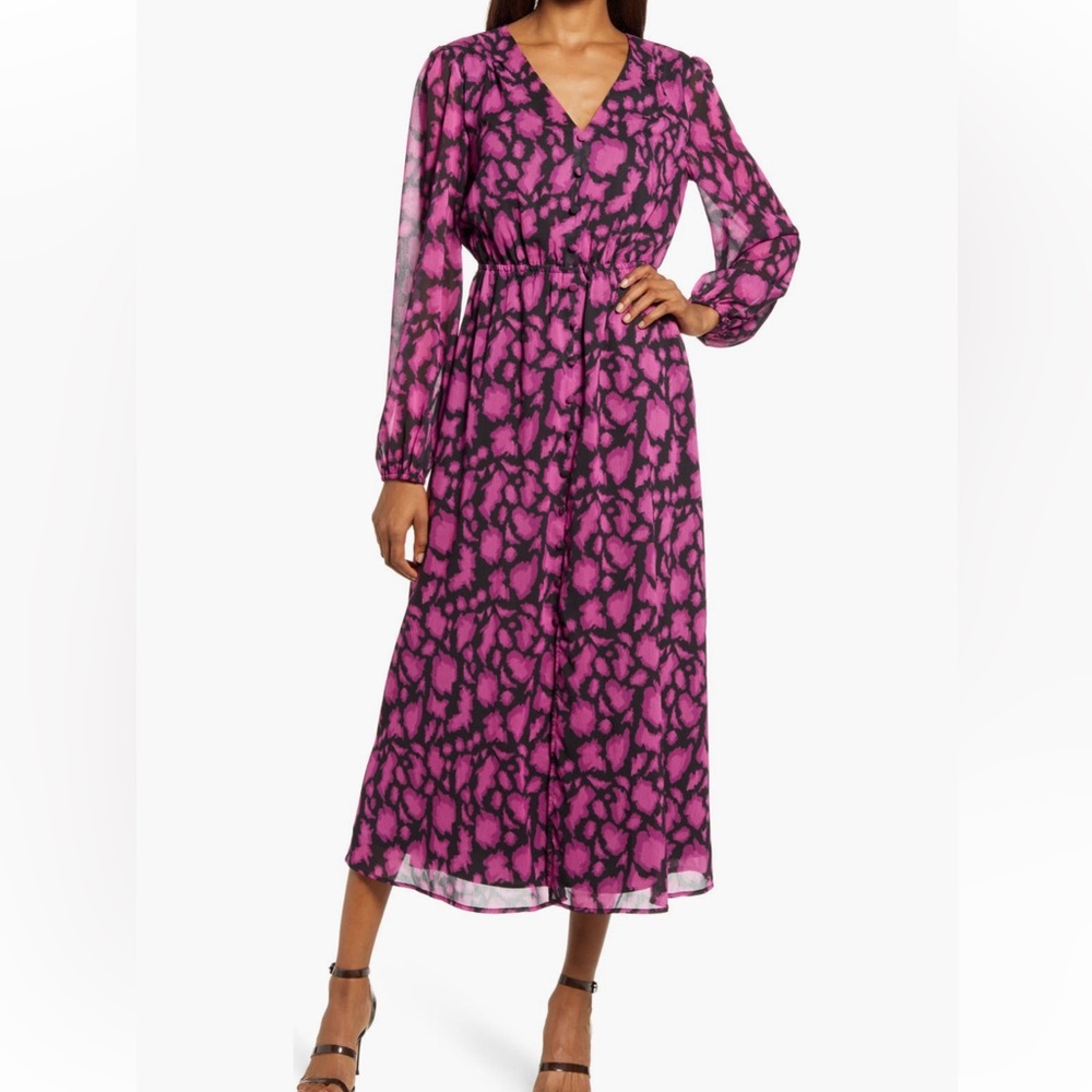 Pink and Black Long Sleeve Floral Midi Dress